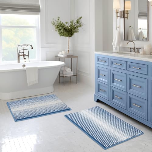 BSICPRO Bathroom Rugs and Mats Sets, 2 Piece Thick Absorbent Chenille Bath Mat Rug Set Non Slip, Soft Shaggy Bath Room Floor Mats for Bathroom, Machine Washable (Sky Blue, 20" x 32" Plus 16" x 24") - Image 1