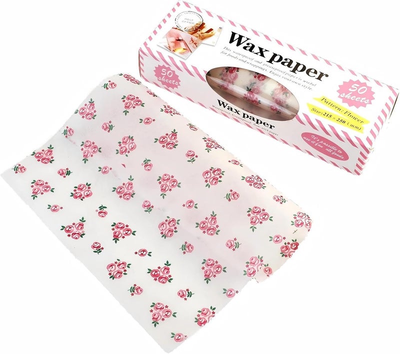 50 Pcs Butter Paper Floral Wax Paper Sheets for Food, Deli Parchment Baking Pape, Sandwich Candy Cookies Waterproof Wrappers Oilproof Basket Liners Small 21.5 * 25 CM - Image 1