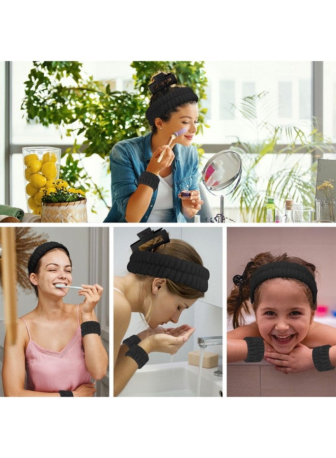 ACO-UINT 4Pcs Black Spa Headband and Face Washing Wristbands Set, Skincare Headband Face Wash Headband Makeup Headband, Hair Claw Clip Skin Care Headband for Washing Face - Image 5