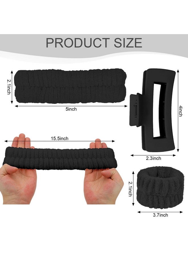 ACO-UINT 4Pcs Black Spa Headband and Face Washing Wristbands Set, Skincare Headband Face Wash Headband Makeup Headband, Hair Claw Clip Skin Care Headband for Washing Face - Image 2