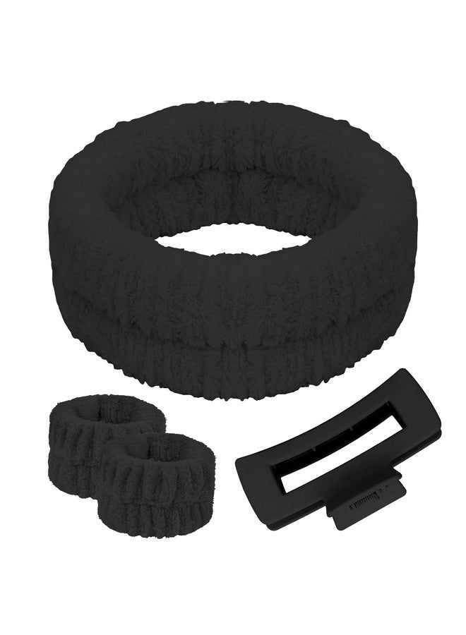 ACO-UINT 4Pcs Black Spa Headband and Face Washing Wristbands Set, Skincare Headband Face Wash Headband Makeup Headband, Hair Claw Clip Skin Care Headband for Washing Face - Image 1