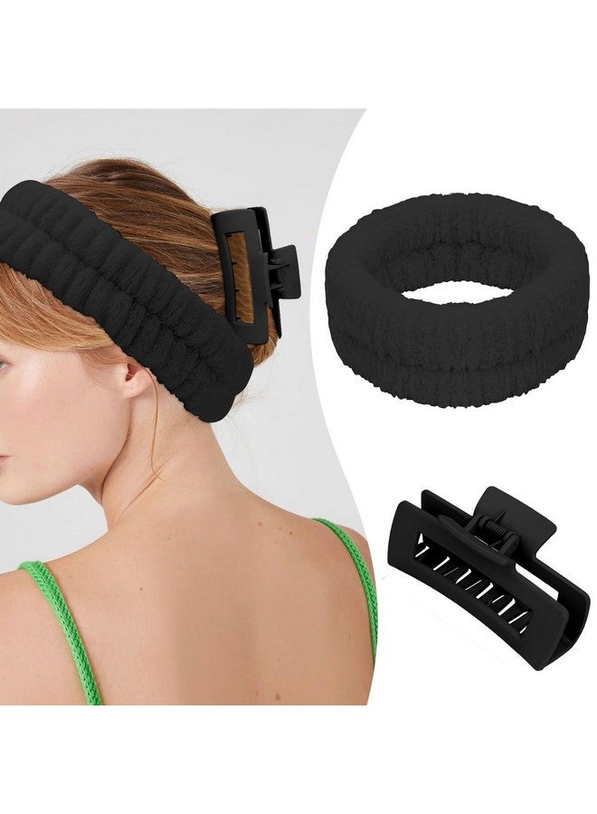 ACO-UINT 4Pcs Black Spa Headband and Face Washing Wristbands Set, Skincare Headband Face Wash Headband Makeup Headband, Hair Claw Clip Skin Care Headband for Washing Face - Image 3