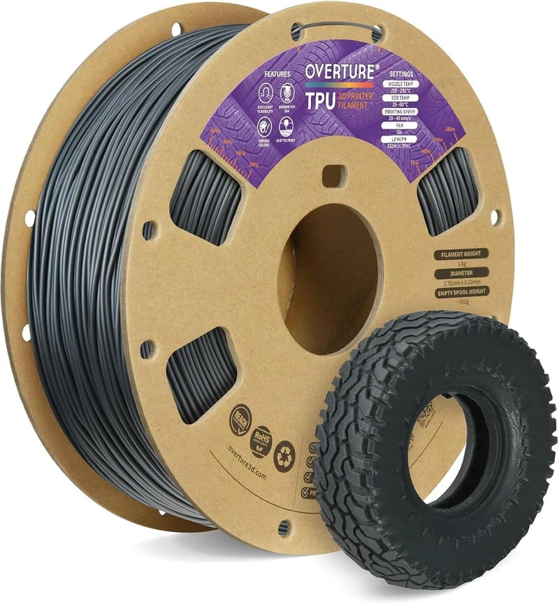 OVERTURE TPU Filament 1.75mm Flexible Roll, 95A Soft 3D Printer Filament, 1kg Spool (2.2 lbs), Fit Most FDM Printer (TPU Space Gray) - Image 1