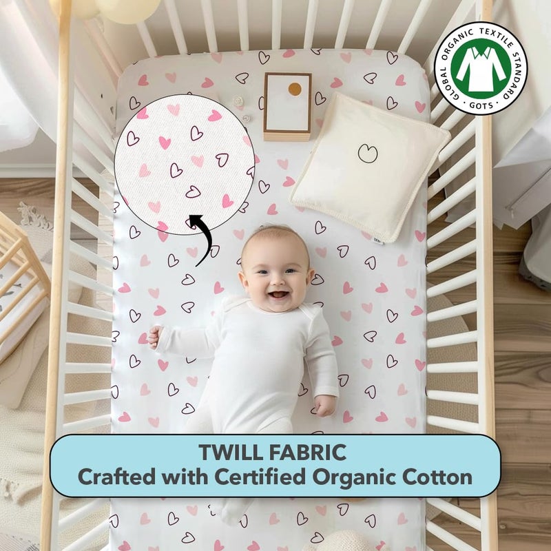 The White Cradle Cotton Baby Crib Fitted Bed Sheets for Cot Organic Twill Fabric Baby Bedding for New Born Infants Toddlers 48x24 Pack of 1 The White Cradle Pink Hearts - Image 2