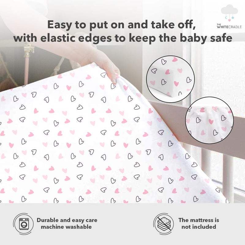 The White Cradle Cotton Baby Crib Fitted Bed Sheets for Cot Organic Twill Fabric Baby Bedding for New Born Infants Toddlers 48x24 Pack of 1 The White Cradle Pink Hearts - Image 3