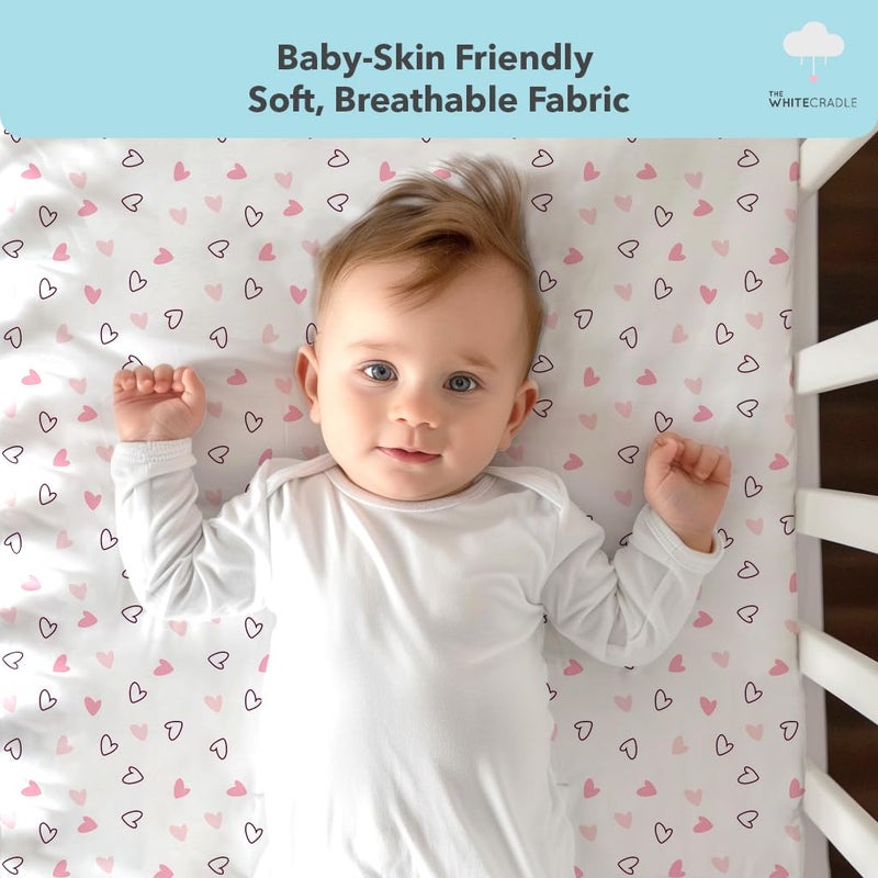The White Cradle Cotton Baby Crib Fitted Bed Sheets for Cot Organic Twill Fabric Baby Bedding for New Born Infants Toddlers 48x24 Pack of 1 The White Cradle Pink Hearts - Image 4