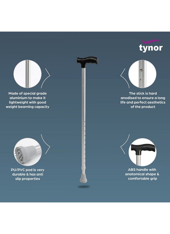 Tynor Tynor Walking Stick L type, Anti-Slip Base for Stability & Support with Ergonomic Grip Handle | Adjustable Height Walking Aid for Elderly | Lightweight for Men & Women, Universal Size (Silver, 1 Unit)  - Image 3