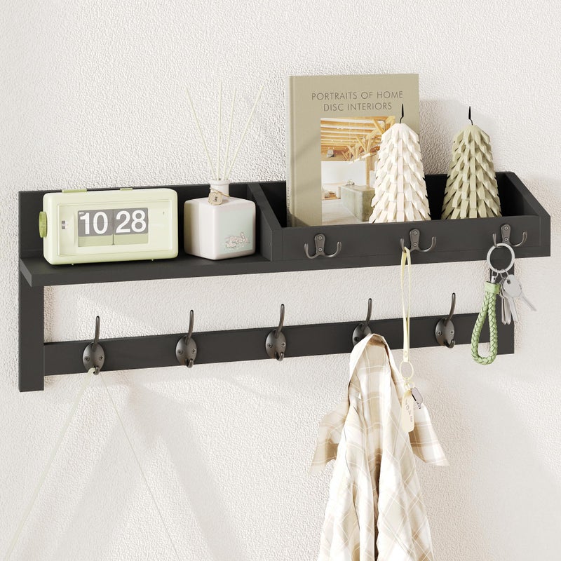 AMBIRD Wall Hooks with Shelf 2657inch Entryway Wall Hanging Shelf Wood Coat Hooks for Wall Coat Rack Wall Mount Rack with 5 Dual Hooks 3 Key Hooks Mail Organizer and Key Rack Key Holder Black