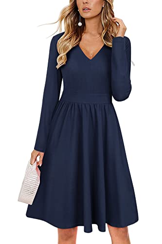ULTRANICE Navy Blue Long Sleeve Womens Dresses 2025 Fashion Clothes Trendy Spring V Neck Casual Wedding Guest Dresses Semi Formal Party Vavation Outfits Plus Size Dress with Pockets(Navy B,S) - Image 1