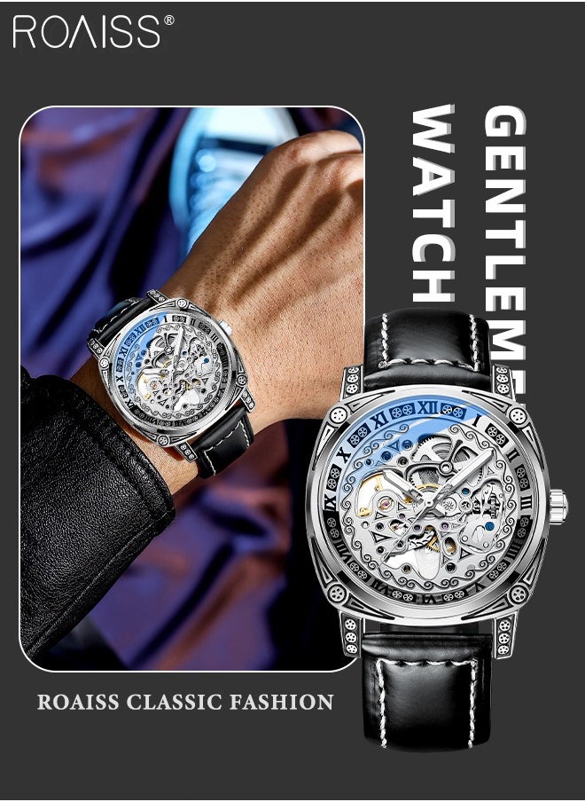 roaiss - Men's Leather Strap Mechanical Watch, Analog Display Round Dial Watch with Carved Pattern Decoration, Waterproof Luminous Watch as Gift for Men, Silver - Image 1