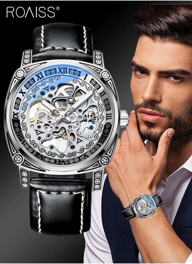 roaiss - Men's Leather Strap Mechanical Watch, Analog Display Round Dial Watch with Carved Pattern Decoration, Waterproof Luminous Watch as Gift for Men, Silver - Image 1