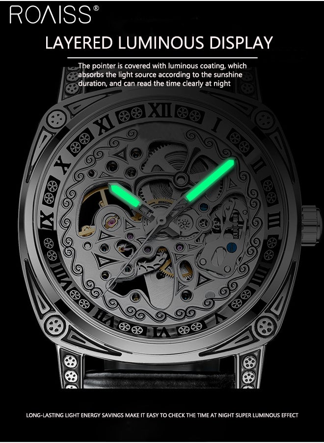 roaiss - Men's Leather Strap Mechanical Watch, Analog Display Round Dial Watch with Carved Pattern Decoration, Waterproof Luminous Watch as Gift for Men, Silver - Image 1