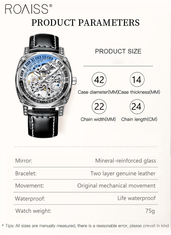 roaiss - Men's Leather Strap Mechanical Watch, Analog Display Round Dial Watch with Carved Pattern Decoration, Waterproof Luminous Watch as Gift for Men, Silver - Image 1
