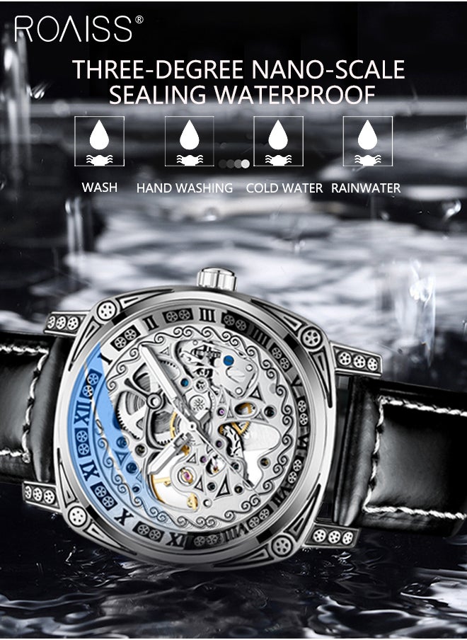 roaiss - Men's Leather Strap Mechanical Watch, Analog Display Round Dial Watch with Carved Pattern Decoration, Waterproof Luminous Watch as Gift for Men, Silver - Image 1