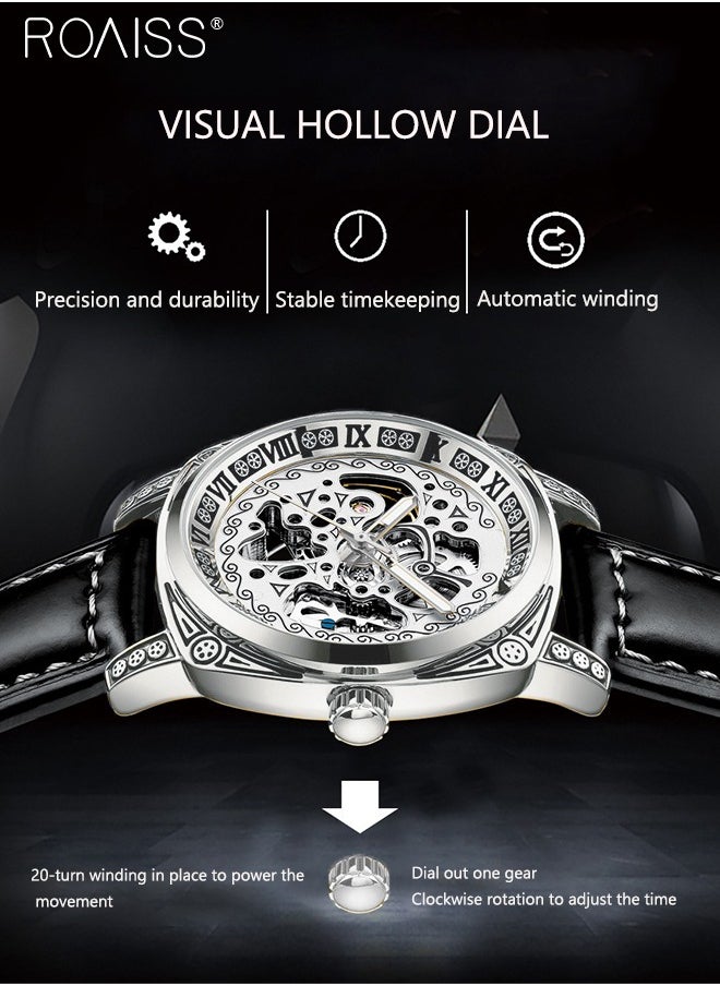 roaiss - Men's Leather Strap Mechanical Watch, Analog Display Round Dial Watch with Carved Pattern Decoration, Waterproof Luminous Watch as Gift for Men, Silver - Image 1