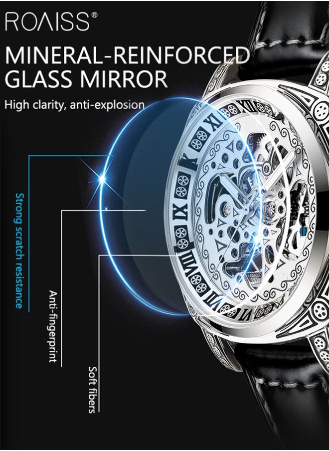 roaiss - Men's Leather Strap Mechanical Watch, Analog Display Round Dial Watch with Carved Pattern Decoration, Waterproof Luminous Watch as Gift for Men, Silver - Image 1