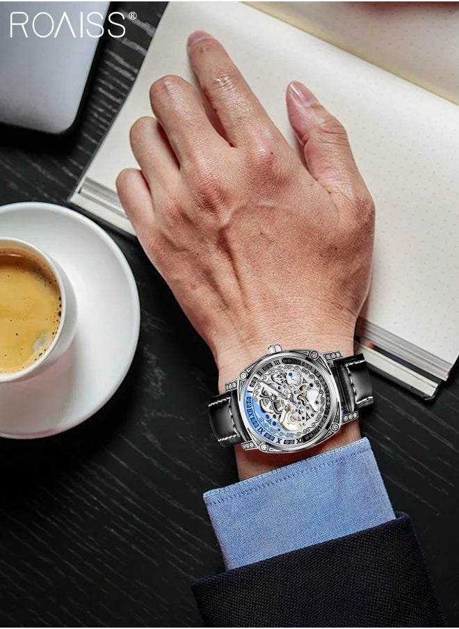roaiss - Men's Leather Strap Mechanical Watch, Analog Display Round Dial Watch with Carved Pattern Decoration, Waterproof Luminous Watch as Gift for Men, Silver - Image 1