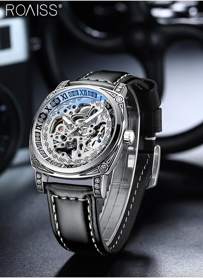 roaiss - Men's Leather Strap Mechanical Watch, Analog Display Round Dial Watch with Carved Pattern Decoration, Waterproof Luminous Watch as Gift for Men, Silver - Image 1