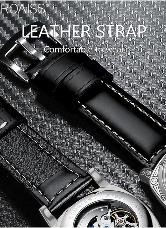 roaiss - Men's Leather Strap Mechanical Watch, Analog Display Round Dial Watch with Carved Pattern Decoration, Waterproof Luminous Watch as Gift for Men, Silver - Image 1