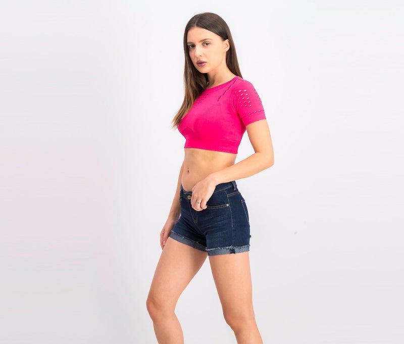 90 Degree Women Short Sleeve Crop Top, Pink - Image 2