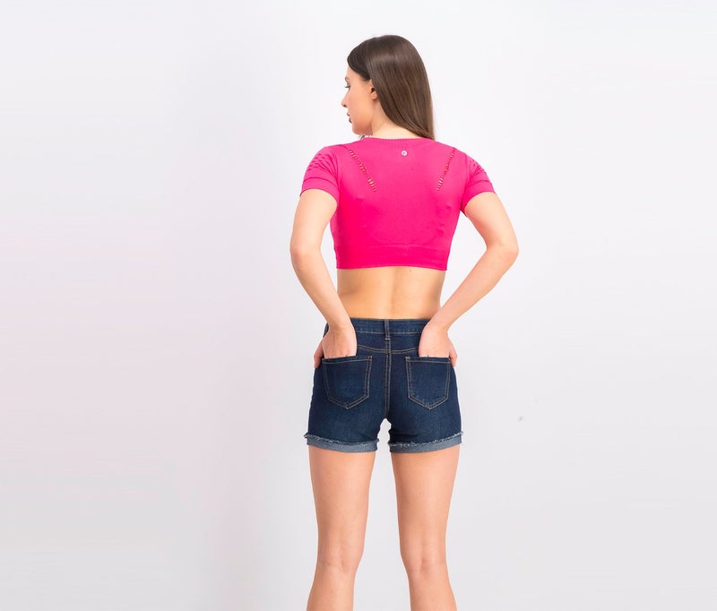 90 Degree Women Short Sleeve Crop Top, Pink - Image 2