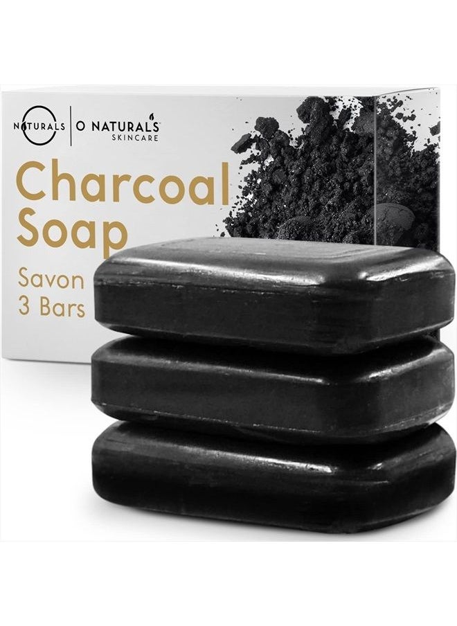 O Naturals 3 Pack Activated Charcoal Black Bar Soap Peppermint Oil Detoxifying Face Body Hand Soap Organic Shea Butter Vegan 100% Natural Soap for Men & Women 12oz Total  - Image 1