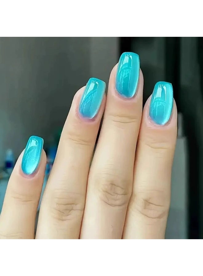 Goolsky Premium Short Square Press-on Nails with Blue Cat Eye for Cool Shimmering Elegance - Image 1