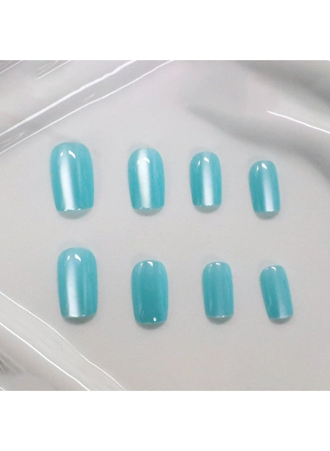 Goolsky Premium Short Square Press-on Nails with Blue Cat Eye for Cool Shimmering Elegance - Image 3