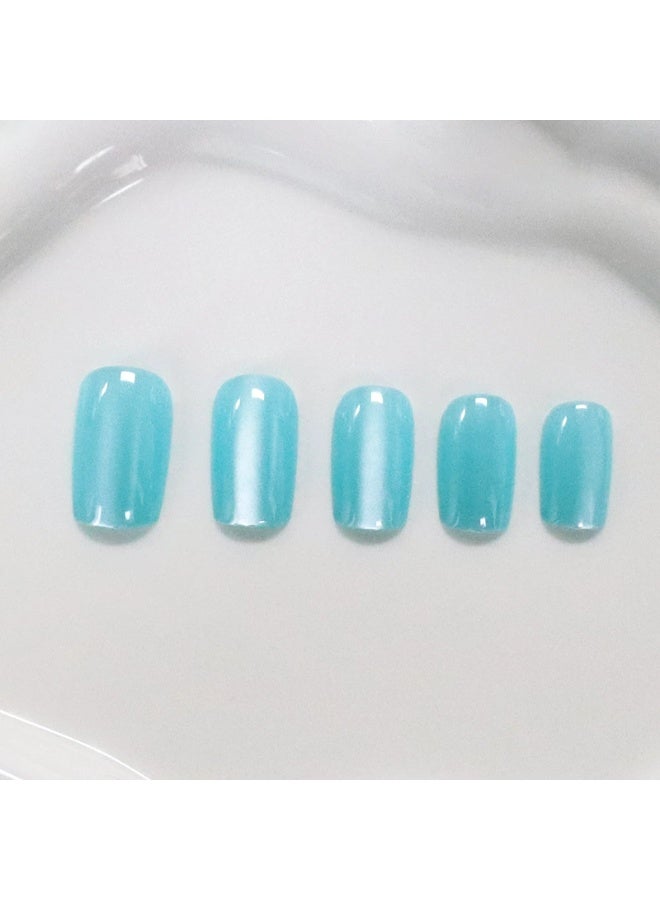 Goolsky Premium Short Square Press-on Nails with Blue Cat Eye for Cool Shimmering Elegance - Image 2