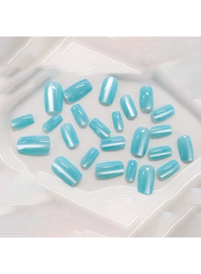 Goolsky Premium Short Square Press-on Nails with Blue Cat Eye for Cool Shimmering Elegance - Image 4