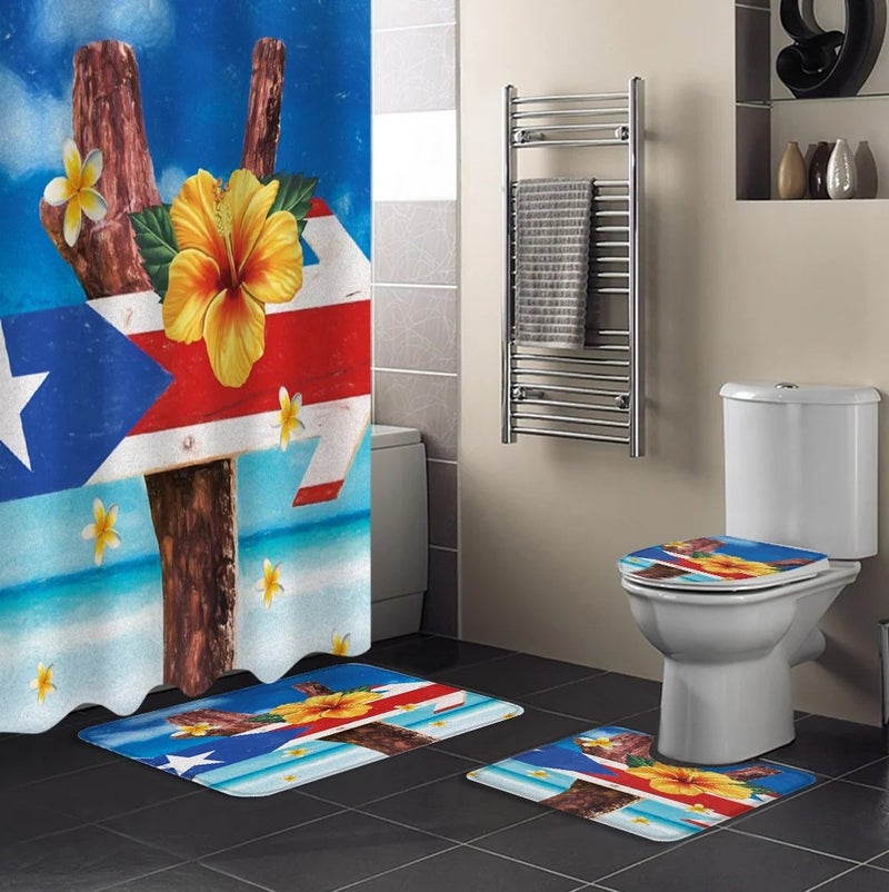 Bluejw 4 Pcs Shower Curtain Sets Puerto Rico Flag Waterproof  Bathroom Set with Non-Slip Rugs Toilet Lid Cover Bath Mat - Image 1