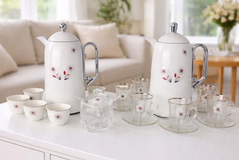Damanhoor 22Pieces New Full Set Thermose 2Thermos 6Teacup With 6saucer 6Guava Cup 1Sugar Bowl 1Tray - Image 1