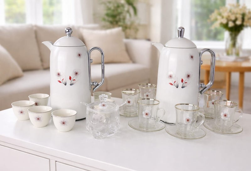 Damanhoor 22Pieces New Full Set Thermose 2Thermos 6Teacup With 6saucer 6Guava Cup 1Sugar Bowl 1Tray - Image 2