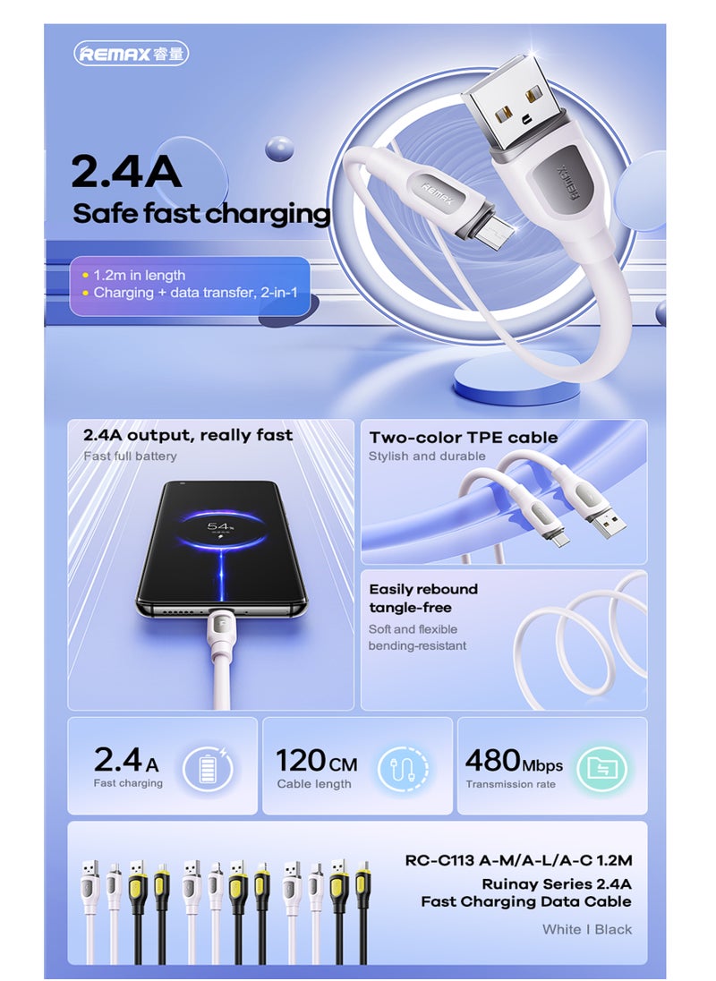 REMAX RC-C113 Ruinay Series USB A to Lightning Charging Data Cable,1M, USB C, 2.4A Fast Charging, Black, for iPhone 14 13 12 11 X Xs Pro, Pro Max, Plus, iPad  - Image 2