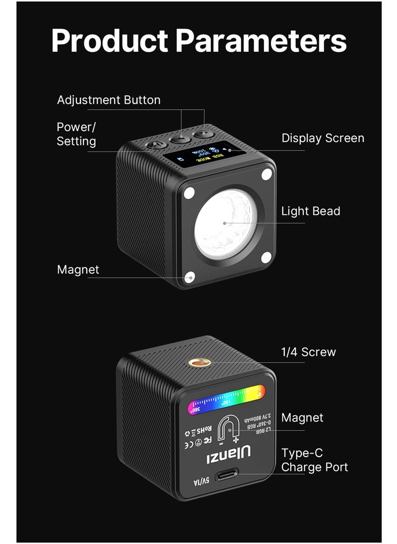 Ulanzi - Ulanzi L2 RGB Mini COB Video Camera, Light Dimmable, 360° Full-Color Light, with Diffuser Honeycomb Photography, for DSLR Camera - Image 1
