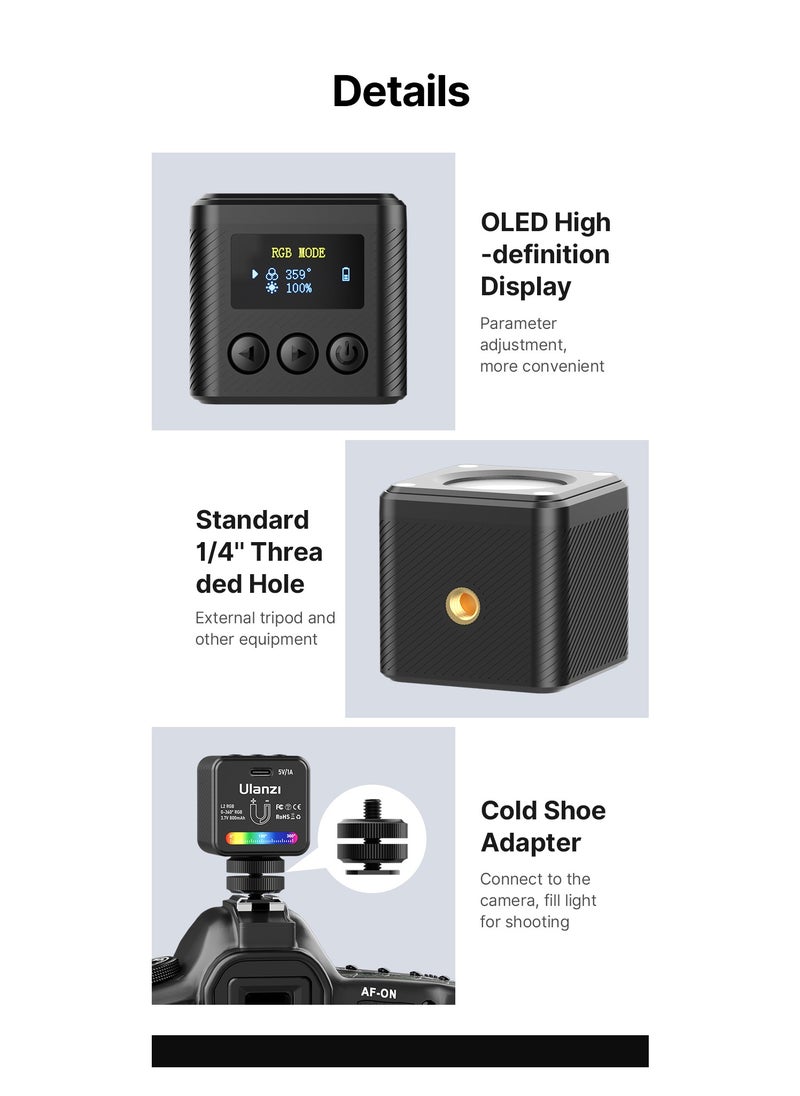 Ulanzi - Ulanzi L2 RGB Mini COB Video Camera, Light Dimmable, 360° Full-Color Light, with Diffuser Honeycomb Photography, for DSLR Camera - Image 1