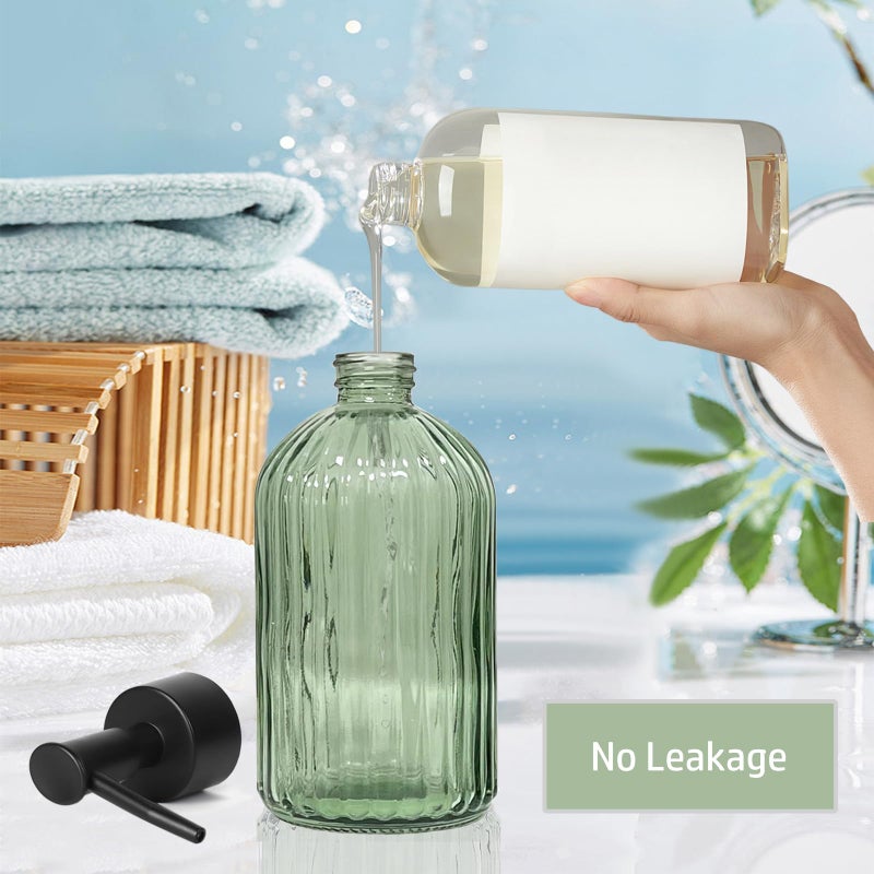 Guokanfly 14 Oz Black Pump Glass Soap Dispenser, Green Stripe Countertop Refillable Liquid Bottle Hand Dish Lotion Dispenser with Plastic Pump, for Kitchen, Bathroom - Image 4