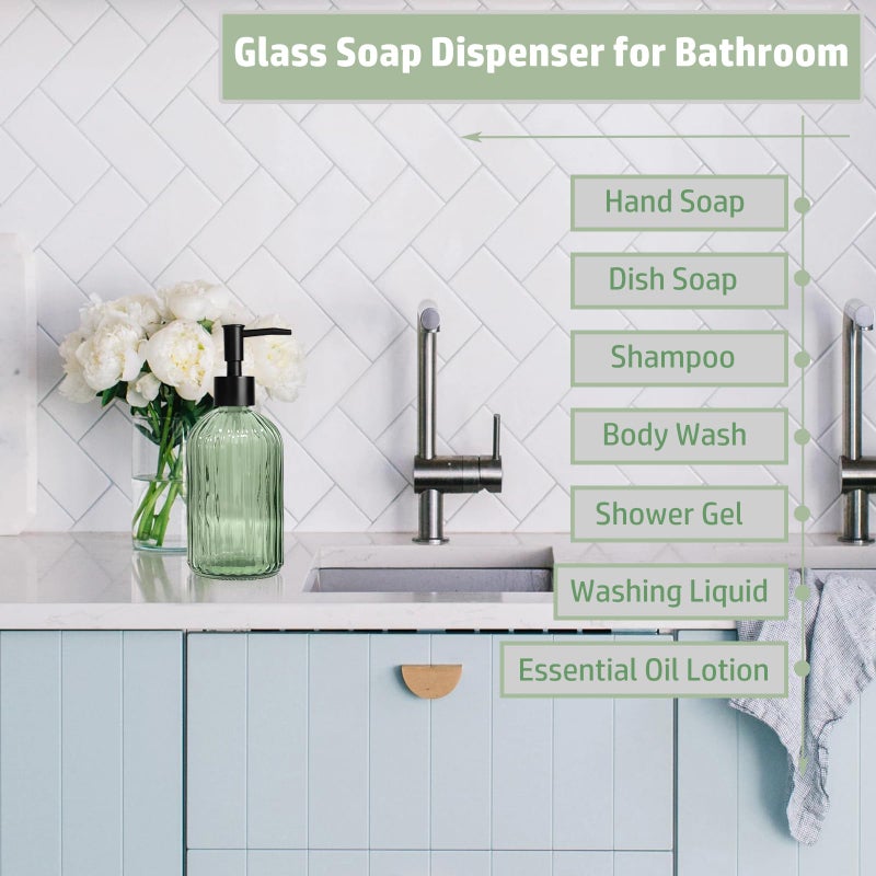 Guokanfly 14 Oz Black Pump Glass Soap Dispenser, Green Stripe Countertop Refillable Liquid Bottle Hand Dish Lotion Dispenser with Plastic Pump, for Kitchen, Bathroom - Image 5