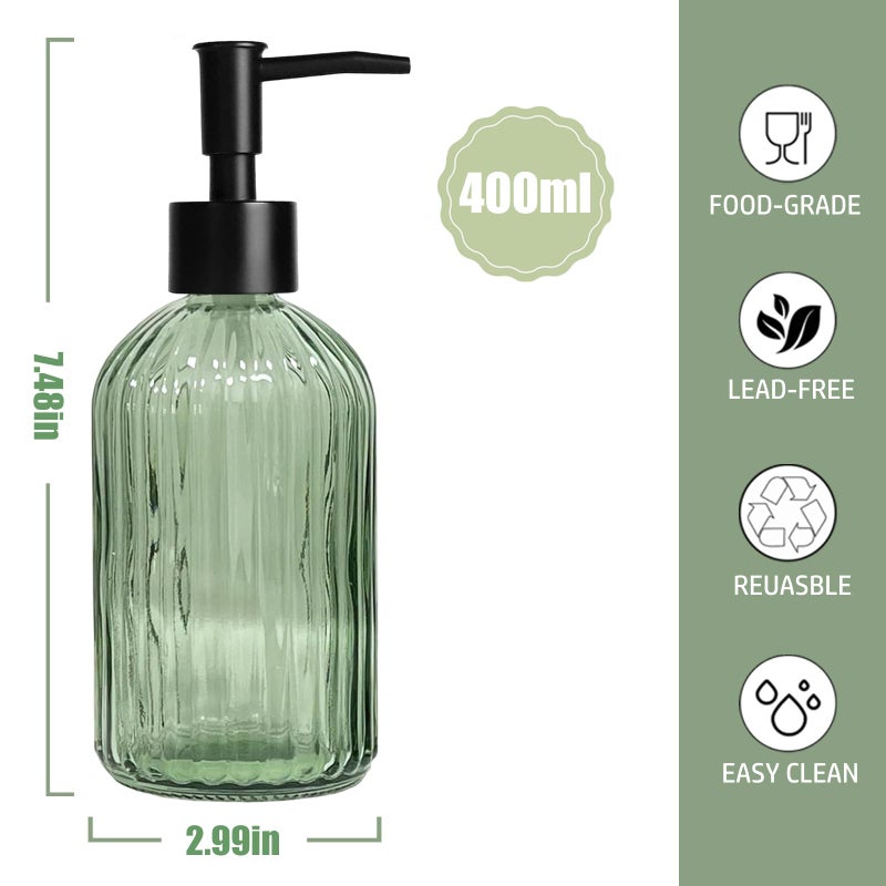 Guokanfly 14 Oz Black Pump Glass Soap Dispenser, Green Stripe Countertop Refillable Liquid Bottle Hand Dish Lotion Dispenser with Plastic Pump, for Kitchen, Bathroom - Image 3