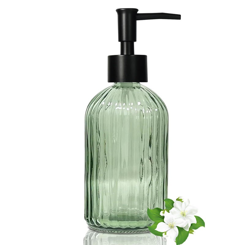 Guokanfly 14 Oz Black Pump Glass Soap Dispenser, Green Stripe Countertop Refillable Liquid Bottle Hand Dish Lotion Dispenser with Plastic Pump, for Kitchen, Bathroom - Image 1