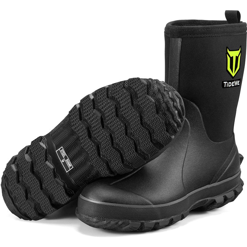 TIDEWE Rubber Boots for Men, 5.5mm Neoprene Insulated Rain Boots with Steel Shank, Waterproof Mid Calf Hunting Boots, Sturdy Rubber Work Boots for Farming Gardening Fishing (Black Size 9) - Image 1