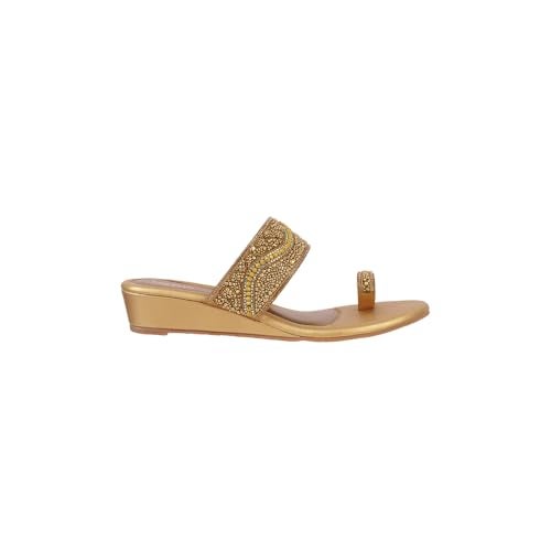 Metro Women Antique Gold Synthetic Embellished Ethnic Wedge Party Sandal UK/7 EU/40 (35-1634) - Image 4