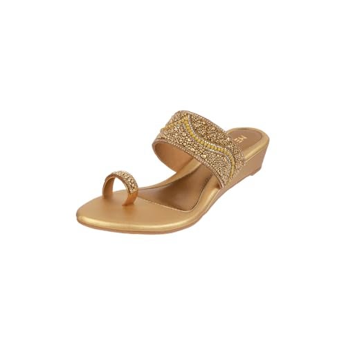 Metro Women Antique Gold Synthetic Embellished Ethnic Wedge Party Sandal UK/7 EU/40 (35-1634) - Image 1
