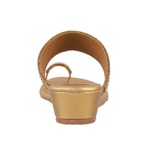 Metro Women Antique Gold Synthetic Embellished Ethnic Wedge Party Sandal UK/7 EU/40 (35-1634) - Image 5