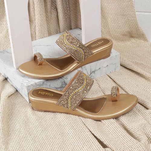 Metro Women Antique Gold Synthetic Embellished Ethnic Wedge Party Sandal UK/7 EU/40 (35-1634) - Image 2