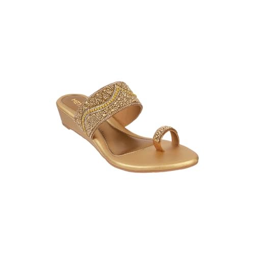 Metro Women Antique Gold Synthetic Embellished Ethnic Wedge Party Sandal UK/7 EU/40 (35-1634) - Image 3