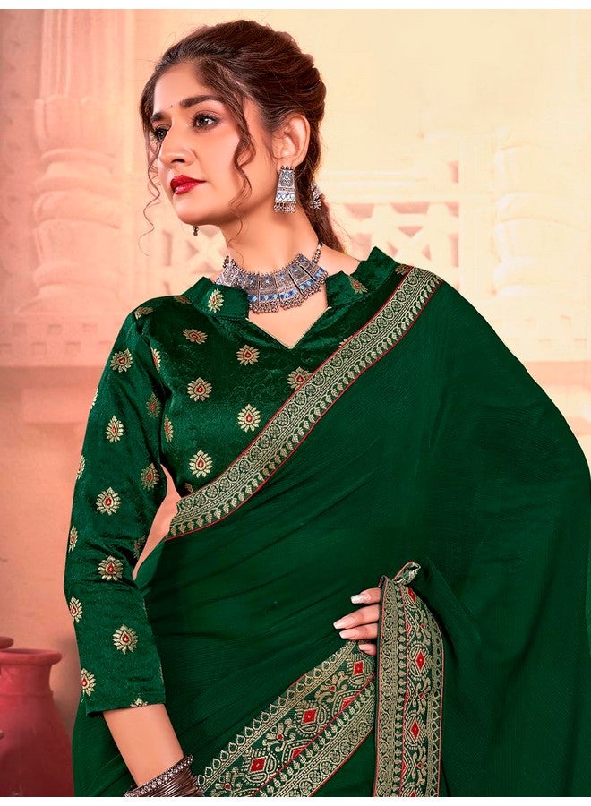 saree mall ساري مول ساري مزخرف من جورجيت للنساء مع قطعة بلوزة غير مخيطة (أخضر_VIRAT01_SM) - Image 3