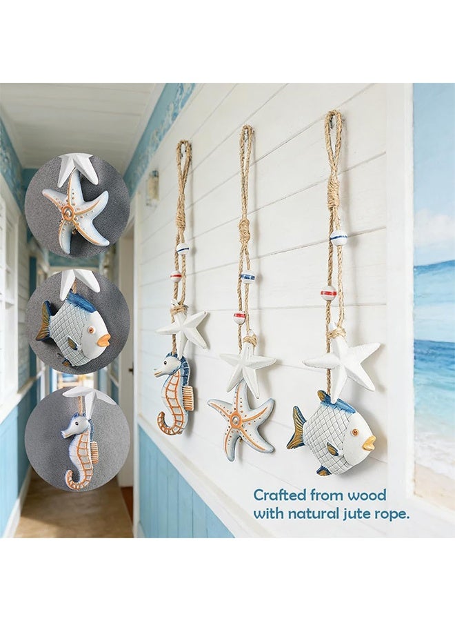 Lemon 3pcs Wooden Coastal Wall Art, Hanging Beach Wall Decor with Rope, Nautical Wall Decor with Starfish & Seahorse & Fish for Bedroom Living Room - Image 5