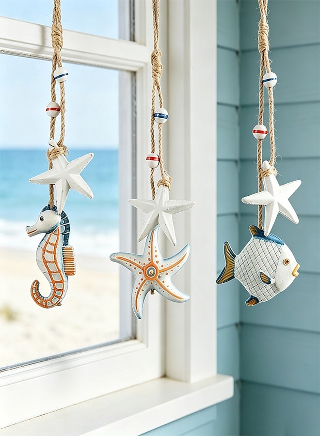 Lemon 3pcs Wooden Coastal Wall Art, Hanging Beach Wall Decor with Rope, Nautical Wall Decor with Starfish & Seahorse & Fish for Bedroom Living Room - Image 1