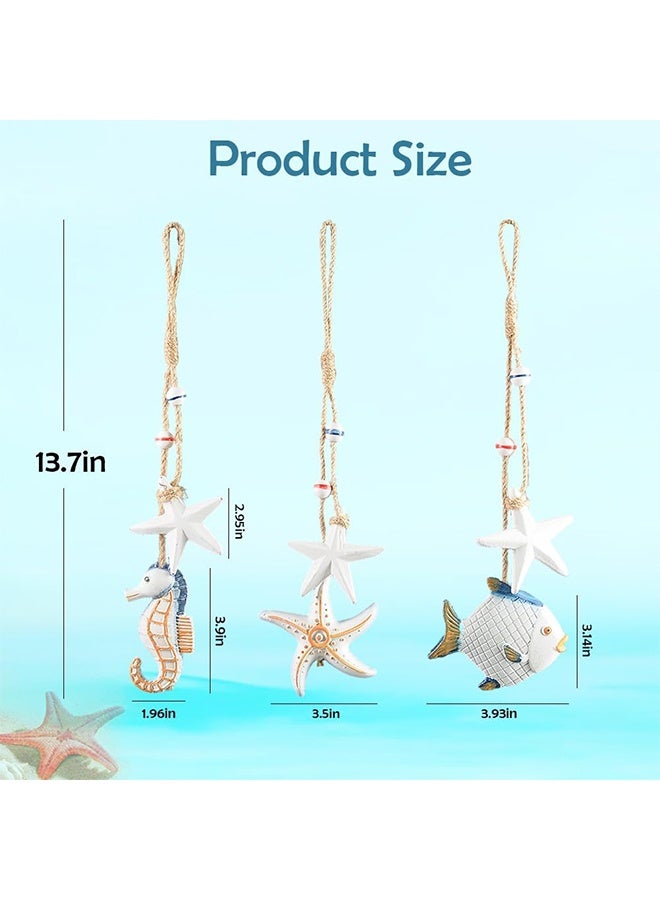 Lemon 3pcs Wooden Coastal Wall Art, Hanging Beach Wall Decor with Rope, Nautical Wall Decor with Starfish & Seahorse & Fish for Bedroom Living Room - Image 2